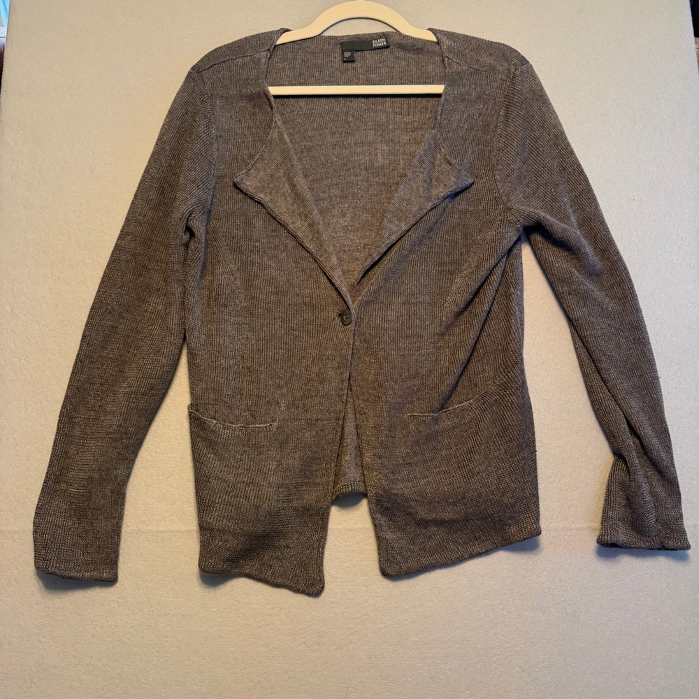 Eileen Fisher Linen Single Button Draped Cardigan Sweater Gray Womens Size L